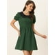 thumbnail image 2 of Vestido entallado y con vuelo de manga corta abullonada con cuello Peter Pan en contraste para mujer Verde Oscuro S, 2 of 6