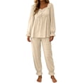 thumbnail image 2 of sdhkgrrt Women's 2 Piece Pajama Set Square Neck Long Sleeve Top Elastic Waisted Pants Peplum Solid Casual Tracksuit Comfy Matching Fall Winter Lounge Outfit, Beige 2XL, 2 of 9
