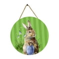thumbnail image 2 of Letrero redondo de Pascua para puerta, decoración de madera con diseño de conejo y respaldo de cuerda de yute rústica. Estilo D, 2 of 9