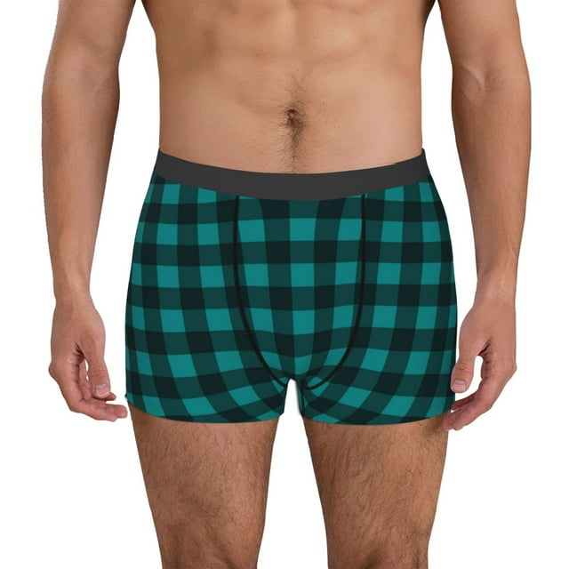 Balery Teal On Black Plaid Calzoncillos bóxer para hombre, ropa interior de algodón suave y transpirable con cinturilla de nailon-Large