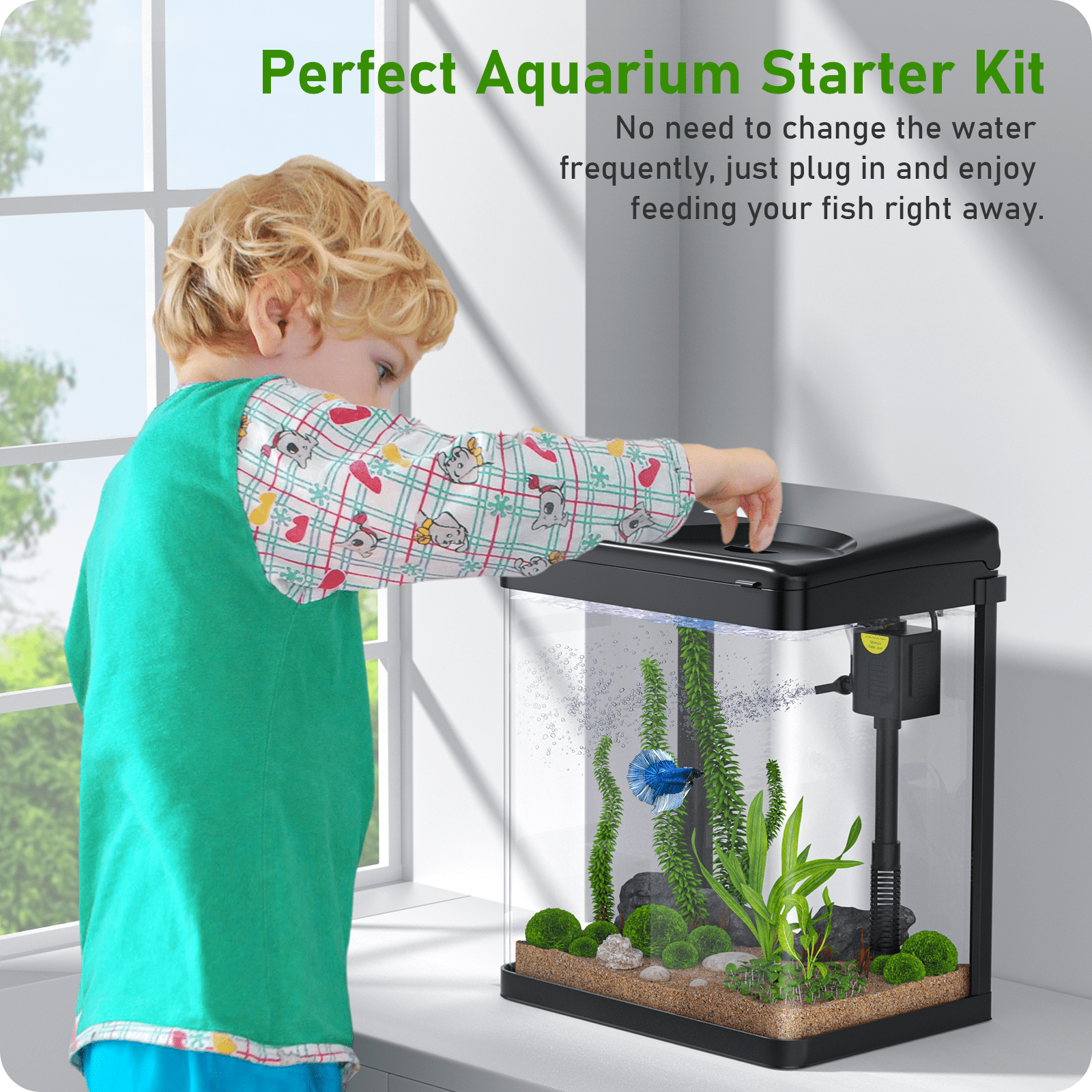 PONDON Fish Tank, 2 Gallon Glass Aquarium, 3 in 1 Fish Tank with Filter and Light, Desktop Small Fish Tank for Betta Fish, Shrimp, Goldfish (Black, 2 Gallon)