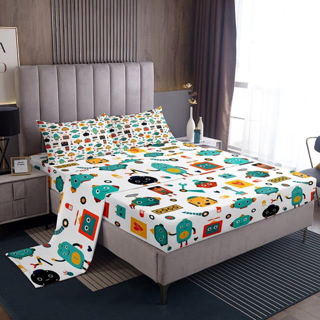 Erosebridal Funny Robot Bed Sheets Set King Size, Modern Cartoon Bedding King Size, Intelligent Machine Sheet Set King, Breathable Room Decorative, 4pcs