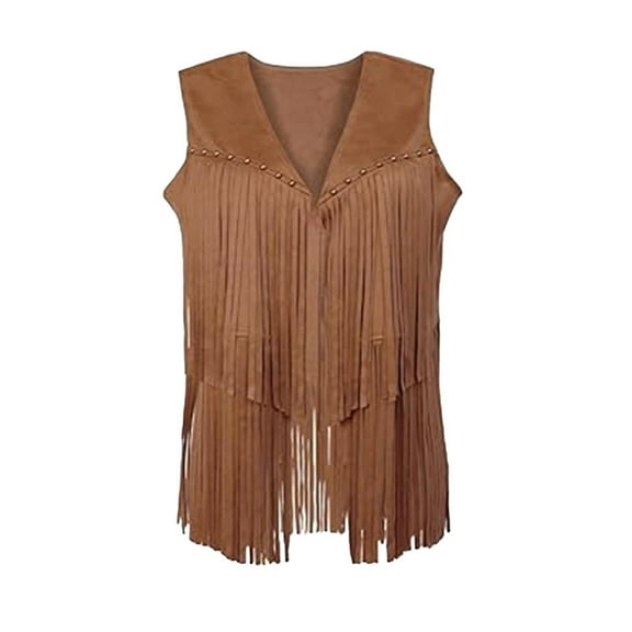 Uaswgudfs ​Women's Spring/Autumn Sleeveless Fringe Vest: Faux Suede w/ Studded Trim & V-Neck - Casual Transition Outerwear​