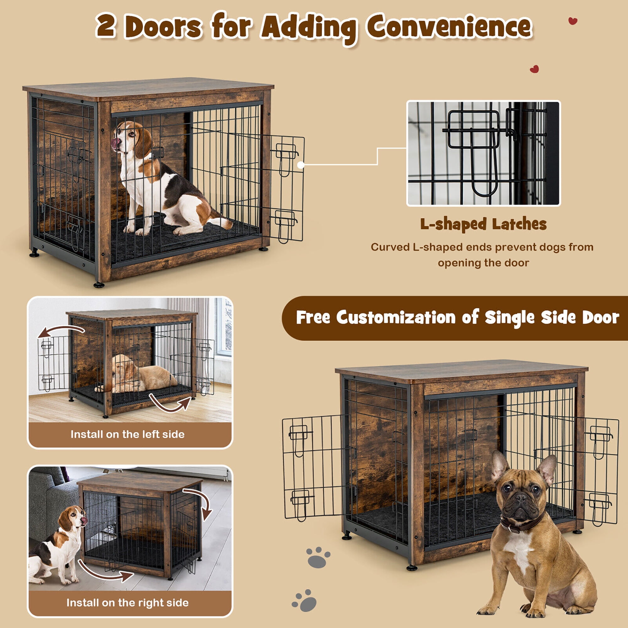 Gymax Wooden Dog Crate Furniture with Pad Bed Double Doors Dog Kennel End Table