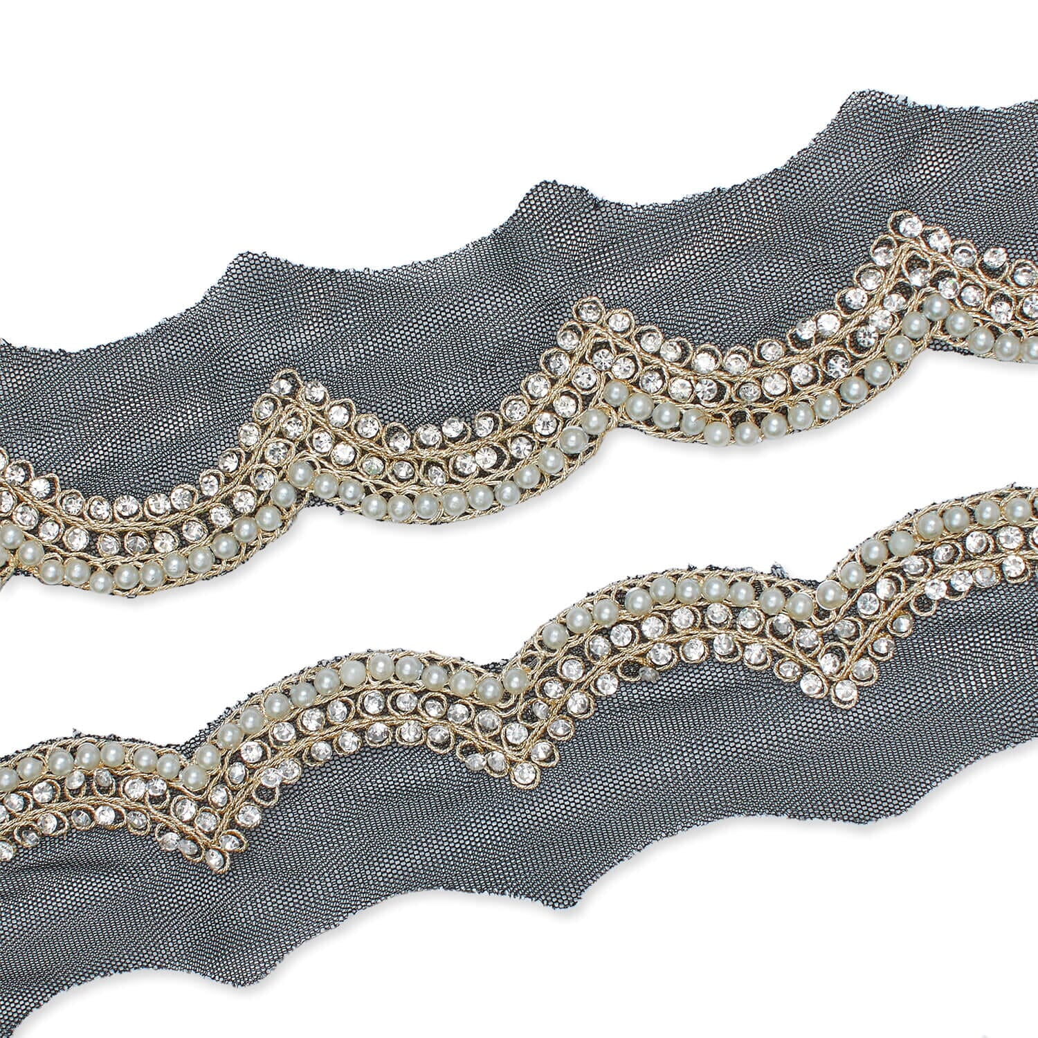 2 Inch Scalloped Regal Rhinestones Beads & Metallic Cording On Polyester Mesh Trim By The Yard For Sewing, Crafts, Decor, Or Upholstery - Black (1 Yard)
