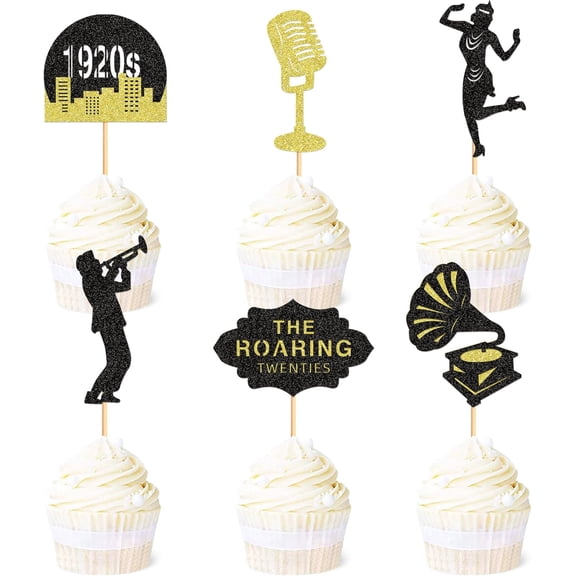 Roaring 20s Themed Cupcake Toppers, 12 Pack Picks with Microphone, Dancer, Trumpet & Gramophone, Gatsby Party Cake Decor Supplies