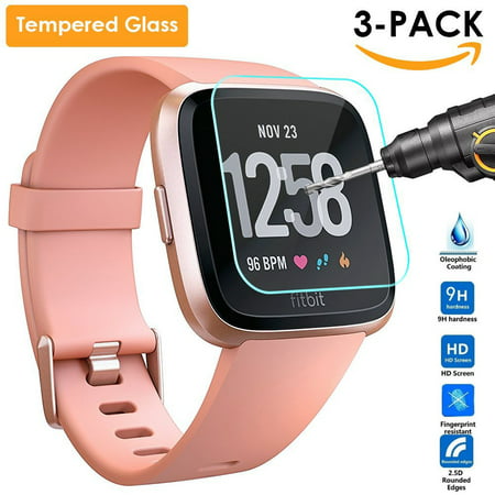 3 Pack Tempered Glass Screen Protector for Fitbit Versa Smart Fitness Watch Tracker, Anti-Fingerprint, Anti-Bubble, Anti-Scratch, Ultra