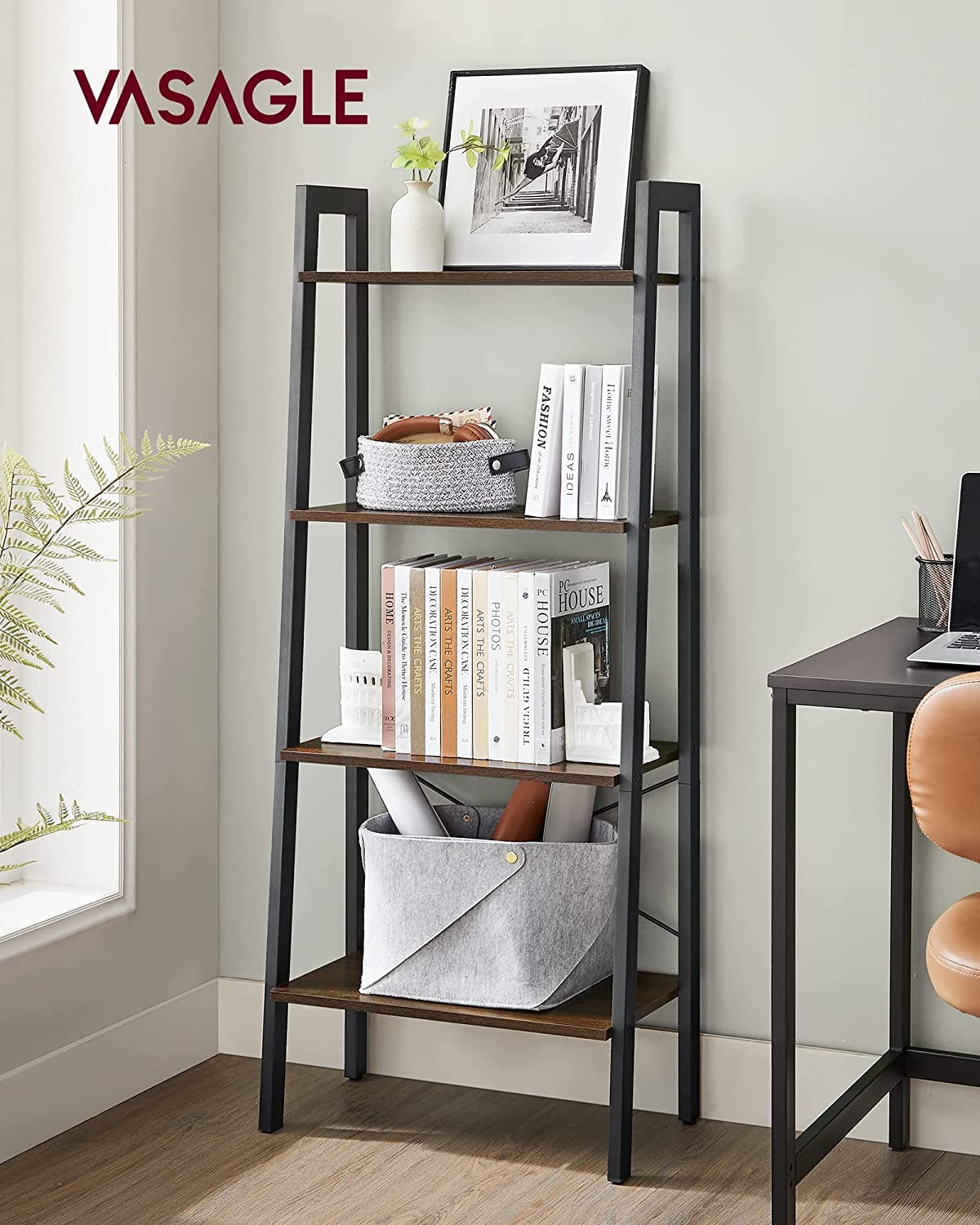 ALINRU Ladder Shelf 4-Tier Bookshelf Storage Rack Shelves Bathroom Living Room Rustic Dark Brown and Black