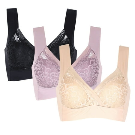 

Spdoo Women Front Cross Lace Seamless Thin Cup Bra Plus Size Ice Silk Smoothing Back Racerback Push Up Bralette Bra 3 Pack
