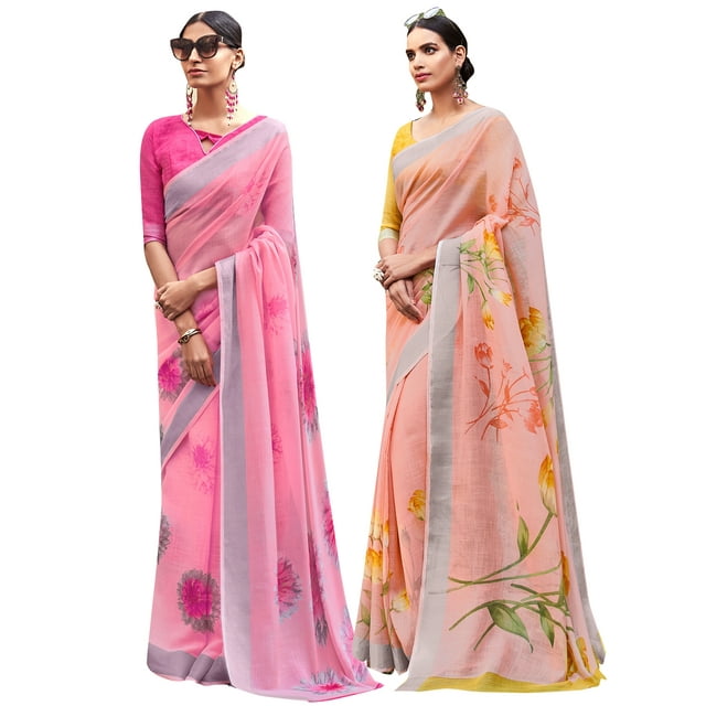 Pack of Two Saree for Women Printed Cotton Silk Indian Wedding Sari | Diwali Gift Ethnic Sarees Combo