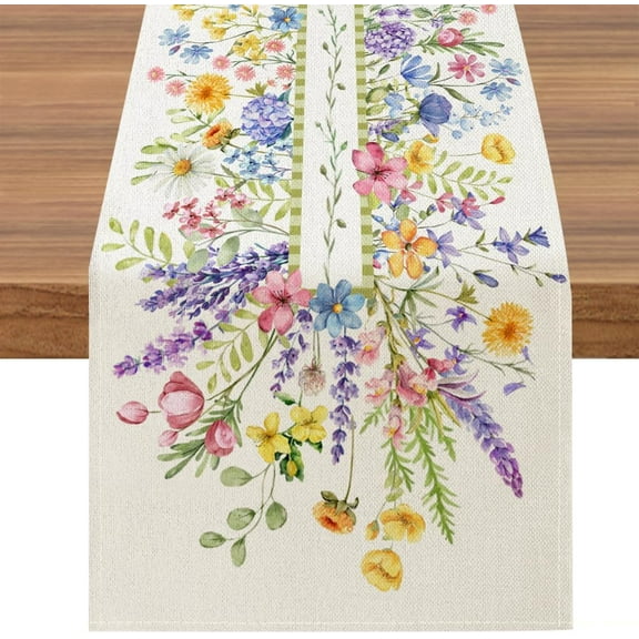 Watercolor Spring Lavender Flowers Table Runner, Floral Seasonal Home Kitchen Dining Table Decoration, 13 x 72 Inch