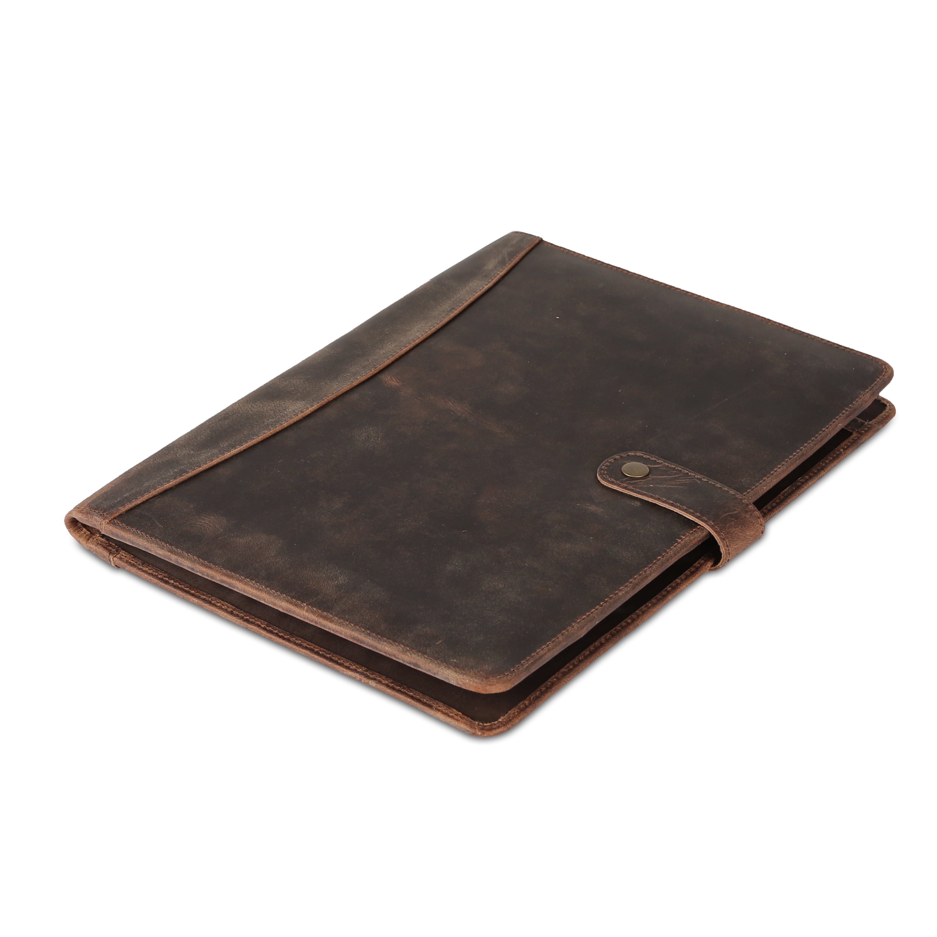 Full-Grain Leather Portfolio Folder with Button Closure, Legal Pad Holder, Card Slots, and Document Pockets, Distressed Tan