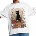 thumbnail image 2 of Camisetas para hombre, camiseta de algodón con cuello redondo, diseño floral de gato negro y flores de calabaza., 2 of 8