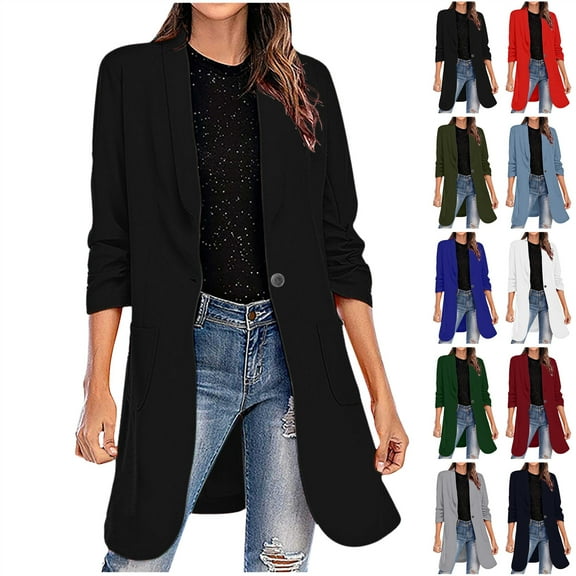 BiZtdJrK Women's Long Blazer Coats Winter Outdoor Wool Jackets Casual Slim Fit Lapel Dressy Suit Solid Color Warm Outerwear with Pockets Todays Sales Army Green L