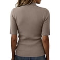 thumbnail image 4 of Women's Vertical Striped Knit Sweater, Short Sleeve Mock Neck Slim Fit Top, Casual Solid Color Ribbed Knit Pullover Brown L, 4 of 4