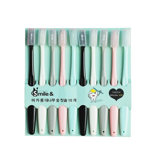 Toothbrush Set Toothbrushes With Cover Tooth Brushes Adults Toothbrushes Soft Brush Hair Multi Colors Toothbrush Set With Cover For Care 10pcs. This set includes 10 adult manual toothbrushes with ultra-soft bristles to reduce oral abrasion. Each toothbrush has a durable plastic handle with a smooth surface for a comfortable grip. The set features a variety of pastel colours, such as black, white, pink, and mint green, and includes dustproof covers for hygiene. Packaged in a light green holder with branding and playful illustrations.