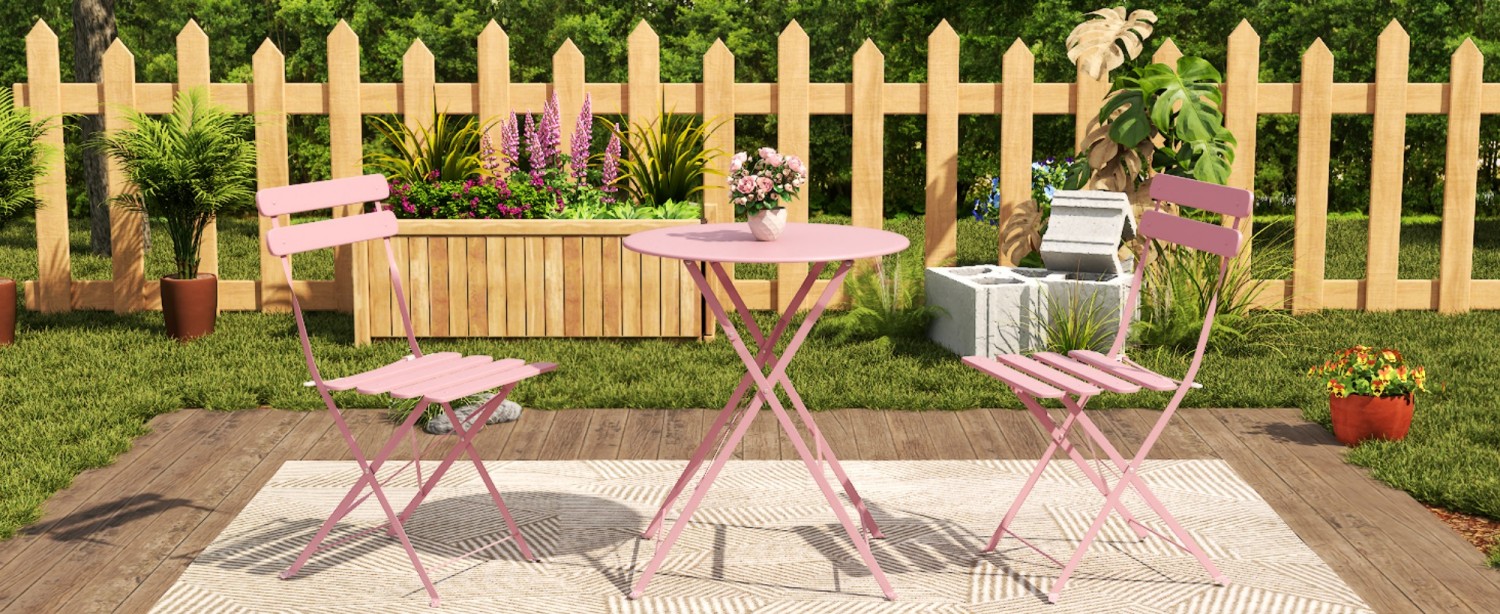 Bistro Table and Chairs Set for 2, 3 Piece Outdoor Patio Bistro Set with Folding Table and 2 Cushioned Chairs, Rust-Resistant Frame, Pink