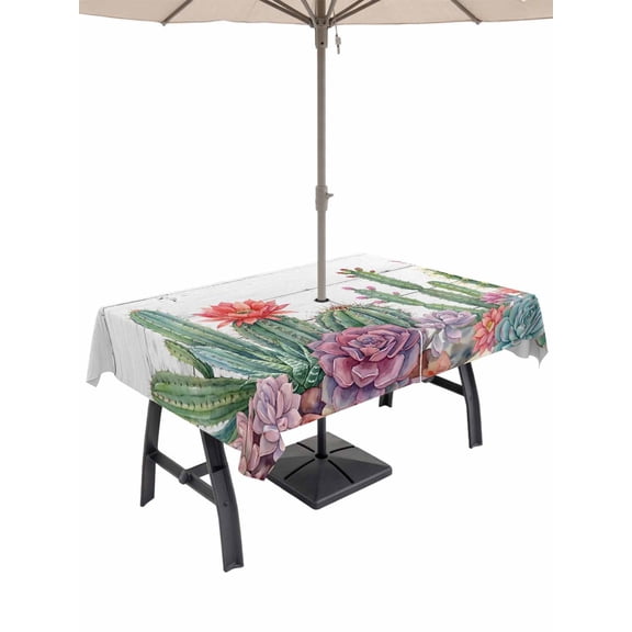 Outdoor Tablecloth with Umbrella Hole for Patio/Picnic/Party/Camping, Cactus Tropical Watercolor Waterproof Table Cloth Rectangle Table Cover Washable, Grey Wooden Summer (60"x 102")