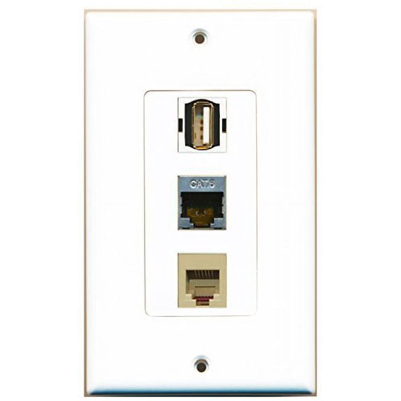RiteAV - 1 Port USB A-A and 1 Port Phone RJ11 RJ12 Beige and 1 Port Shielded Cat6 Ethernet Decorative Wall Plate Decorative