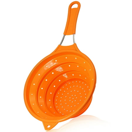 Collapsible Silicone Colander for Kitchen Use. Food Strainer with Stainless Steel Handle, 100% BPA Free and Food Grade Silicone, Perfect for Rinsing or Draining Pasta, Vegetables and Fruits.