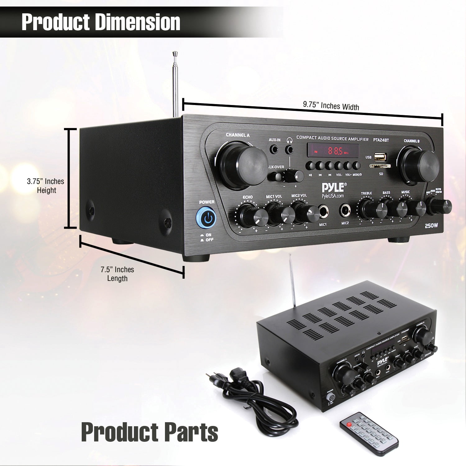 PYLE PTA24BT - Compact Bluetooth Home Audio Amplifier, 2-Ch. Audio Source Stereo Receiver System with FM Radio, MP3/USB/SD/AUX Playback (250 Watt)