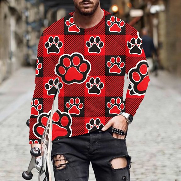 Yaoyar Men Funny Puppy Paw Print Long Sleeve Round Neck Pullover T-Shirt Top Hiking Workout Athletic T Shirt Long Sleeve Casual Outdoor Tops