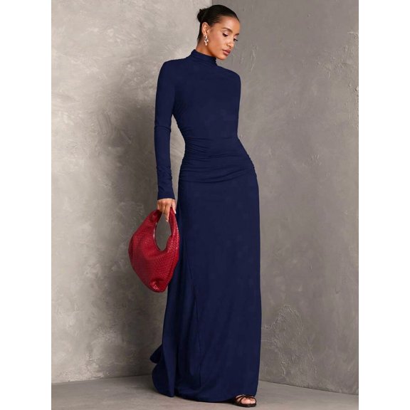 Women Blue Long Sleeve Pleated Maxi Dress