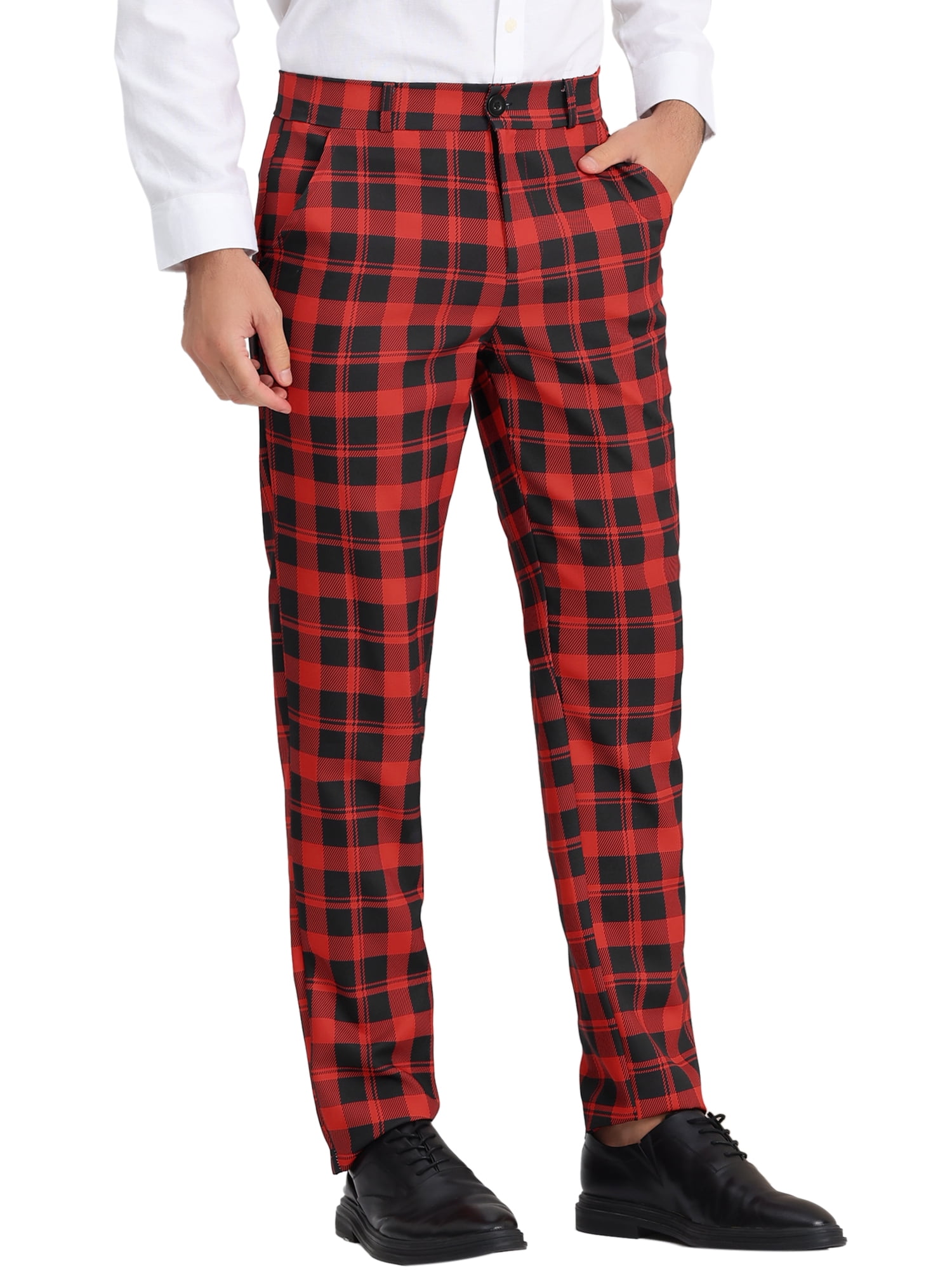Unique Bargains Men's Plaid Regular Fit Flat Front Classic Elastic Waist Suit Pants 36 Red
