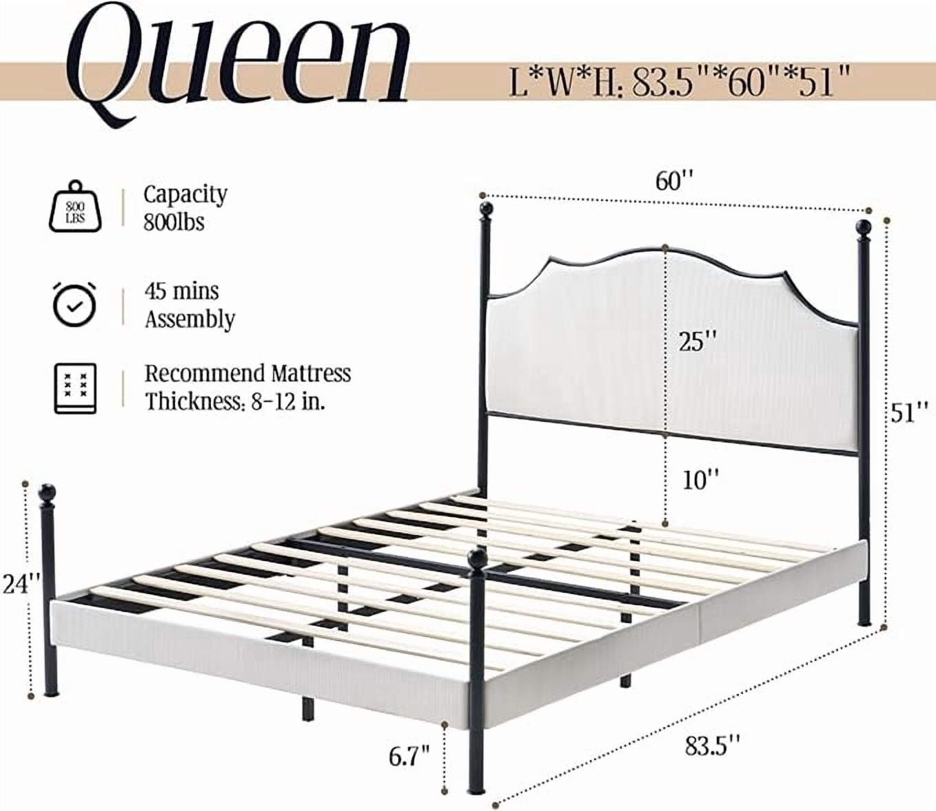 VanAcc Queen Bed Frame with LED Light & Arch Headboard, Modern Corduroy Upholstered Platform Bed with Metal Poster, Easy Assembly/Noise Free, White