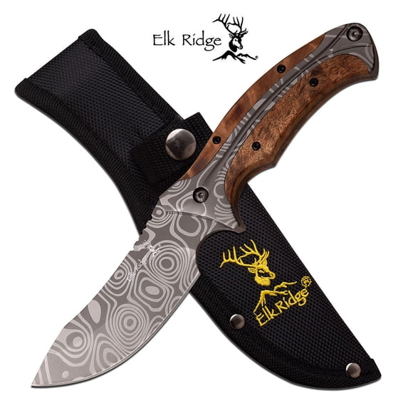 FIXED-BLADE HUNTING KNIFE | Elk Ridge 8.75" Damascus-Style Blade Wood Skinner