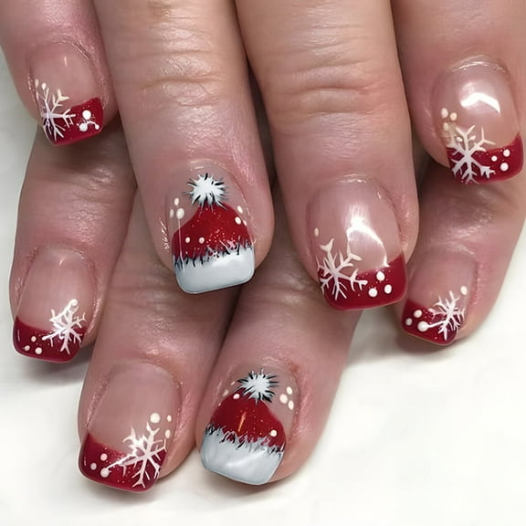 Yoyauz 24 PCS Christmas Fake Nails Red and White Snowflake Christmas Hat Fake Nails with Nails, Christmas Holiday Red and White Nails Used for DIY Nail Decoration in Winter