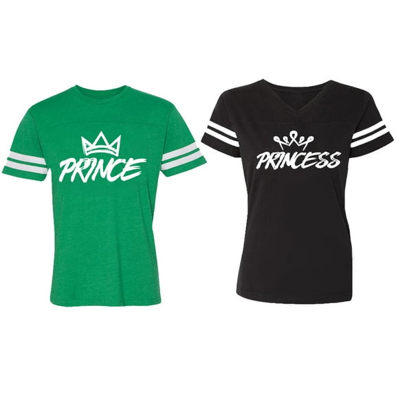 Prince & Princess Matching Couple Cotton Jerseys (Men Green / Women Black) (Men S / Women S)