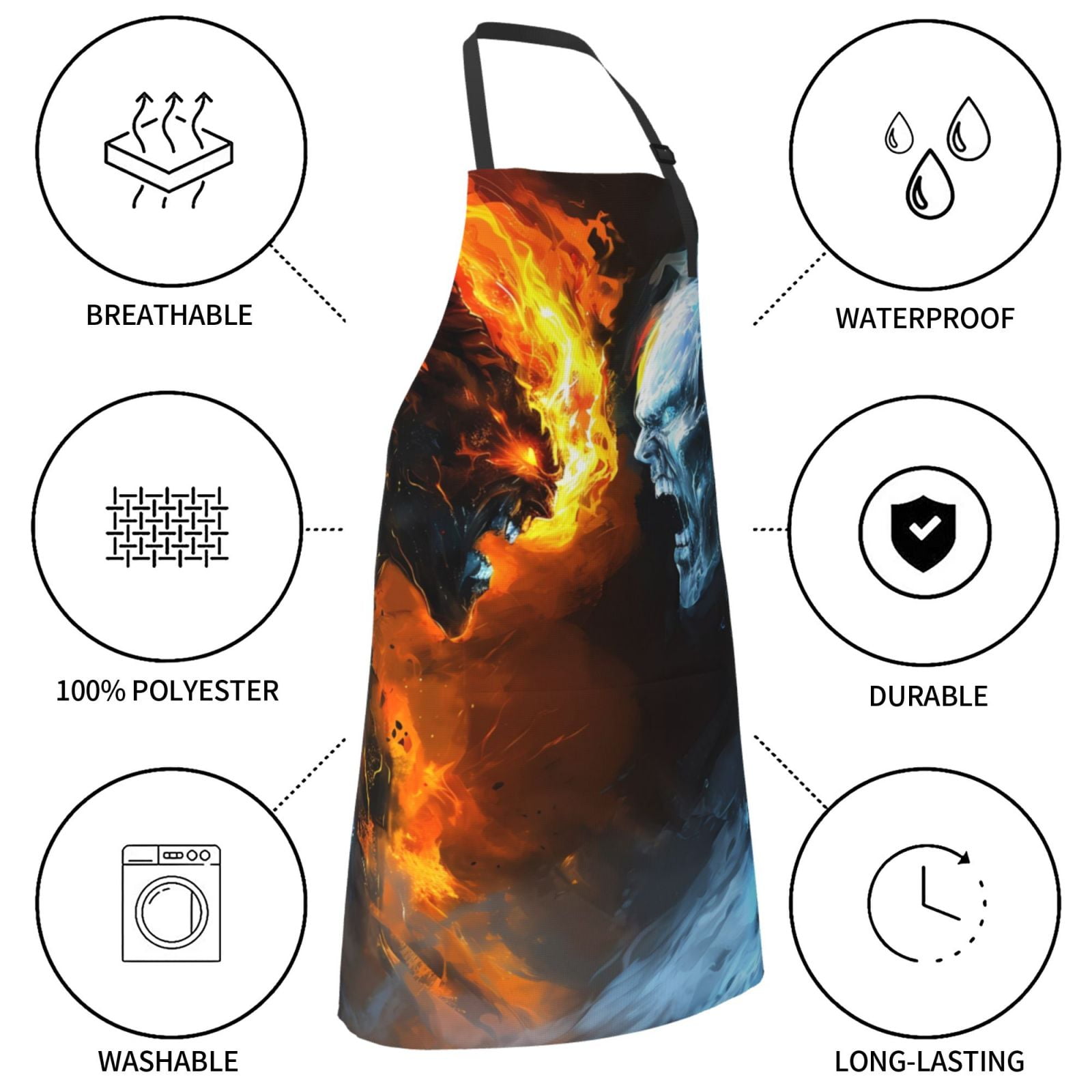 Kdxio Red And Blue Fire Skull Warrior Apron with Pockets Adjustable Kitchen Aprons for Men Women Waterproof Aprons for Cooking,Drawing,Crafting, Baking Household Cleaning