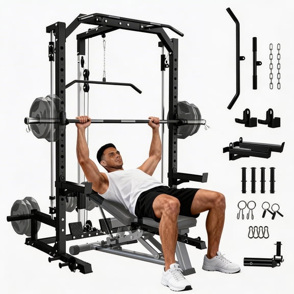 Smith Machine Home Gym with LAT Pull Down System, Multifunctional Power Stand with Pull-Up Bar, Landmine, Low Riding Bar and More Training Accessories, Squat Rack Power Cage for Full