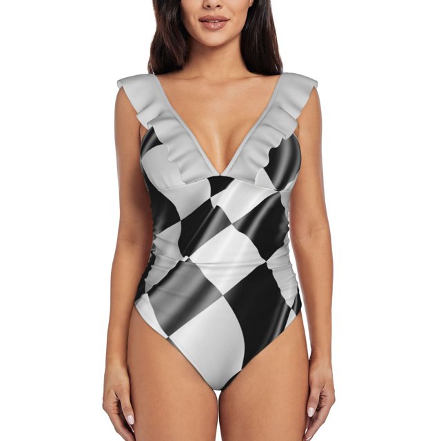 Checkered Flag. Cloth Win Winner Chequered Flag Women'S Ruffle One Piece Swimsuit Bodysuit One Piece Swimwear Bathing