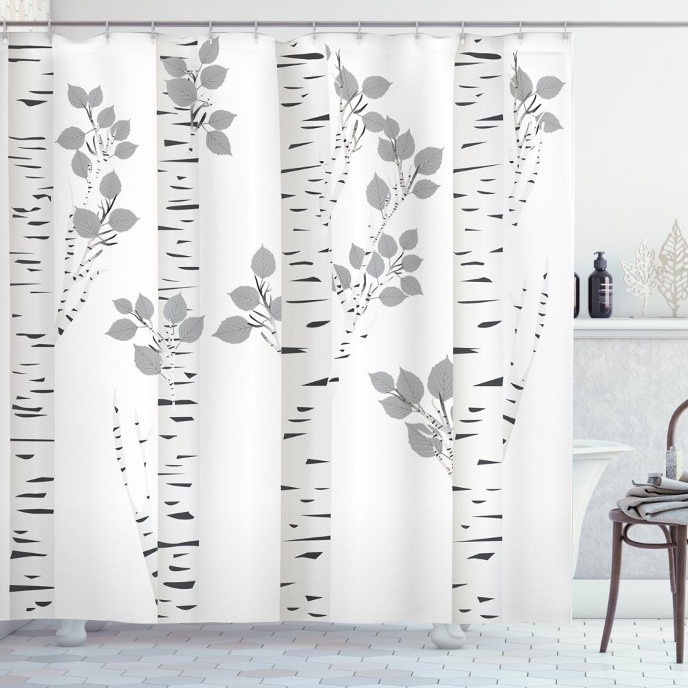Birch Tree Shower Curtain, Artistic White Branches with Leaves Autumn