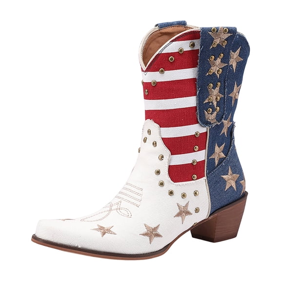 Women Studded Western Boots Mid Calf Embroidered Cowboy Cowgirl Fringe Stacked Heels Ankle Boot, 9