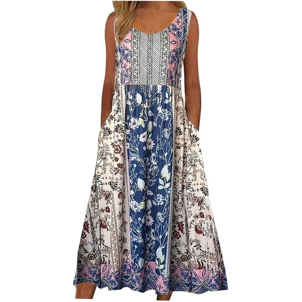WILLBEST Vestidos de Verano para Mujer Vestido Informal Estampado sin Mangas con Cuello Redondo y Bolsillos Vestido Informal Suelto Extra Grande