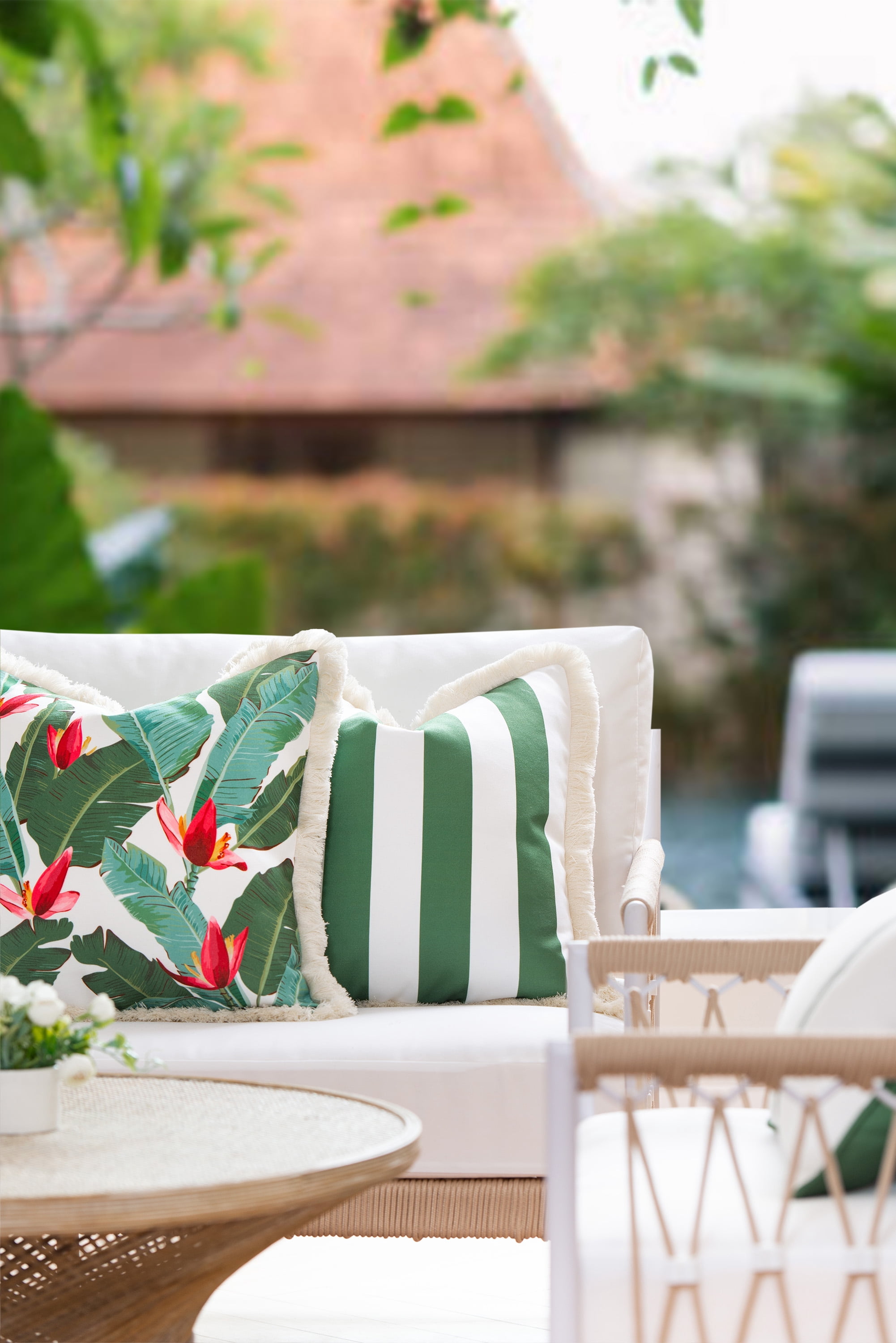 Hofdeco Premium Coastal Patio Indoor Outdoor Pillow Cover Only, 20"x20" Water Resistant for Backyard, Couch, Green Stripe Fringe