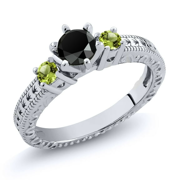 Gem Stone King 0.72 Ct Round Black Onyx Green Peridot 925 Sterling Silver Ring (Size 6)