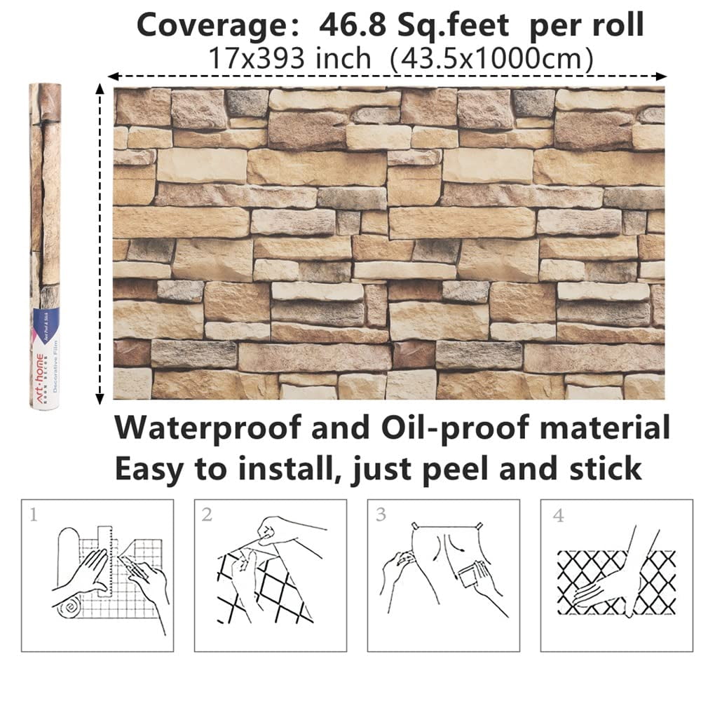 Arthome Rock Wallpaper Peel and Stick 17''x240'' Self Adhesive Contact Paper Waterproof Stone Brick Vinyl Film Wall Paper for Bedroom Living Room Fireplace Backsplash Wall Covering