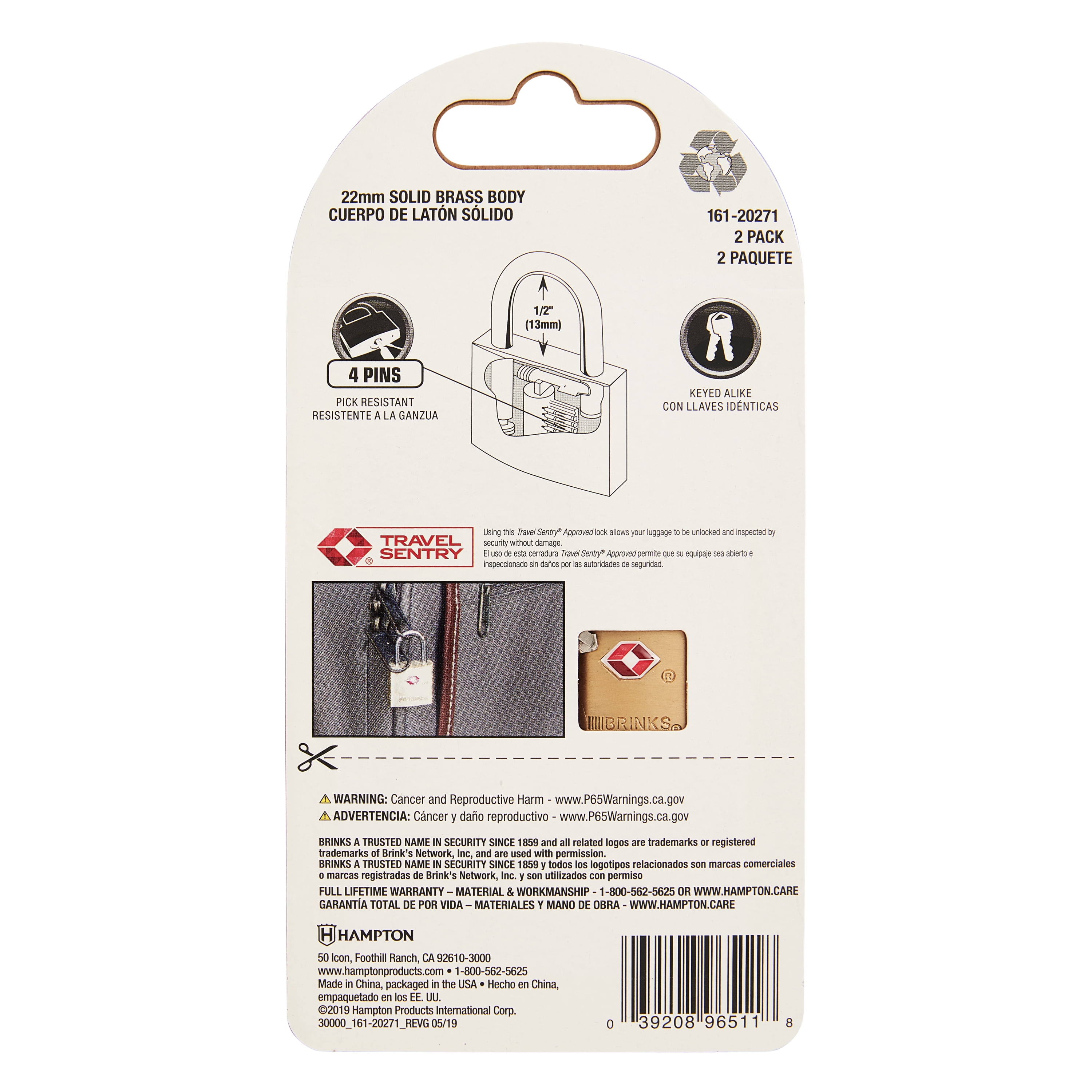 Brinks 161-20271 TSA Approved 22mm Luggage Lock Solid Brass 2-Pack
