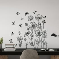 Wallpaper Peel and Stick Promotion Sale! Nomeni Black Flowers Wall Decal Floral Butterfly Wall Stickers Living Room Bedroom Wall Decor, Home Decor Clearance Sale