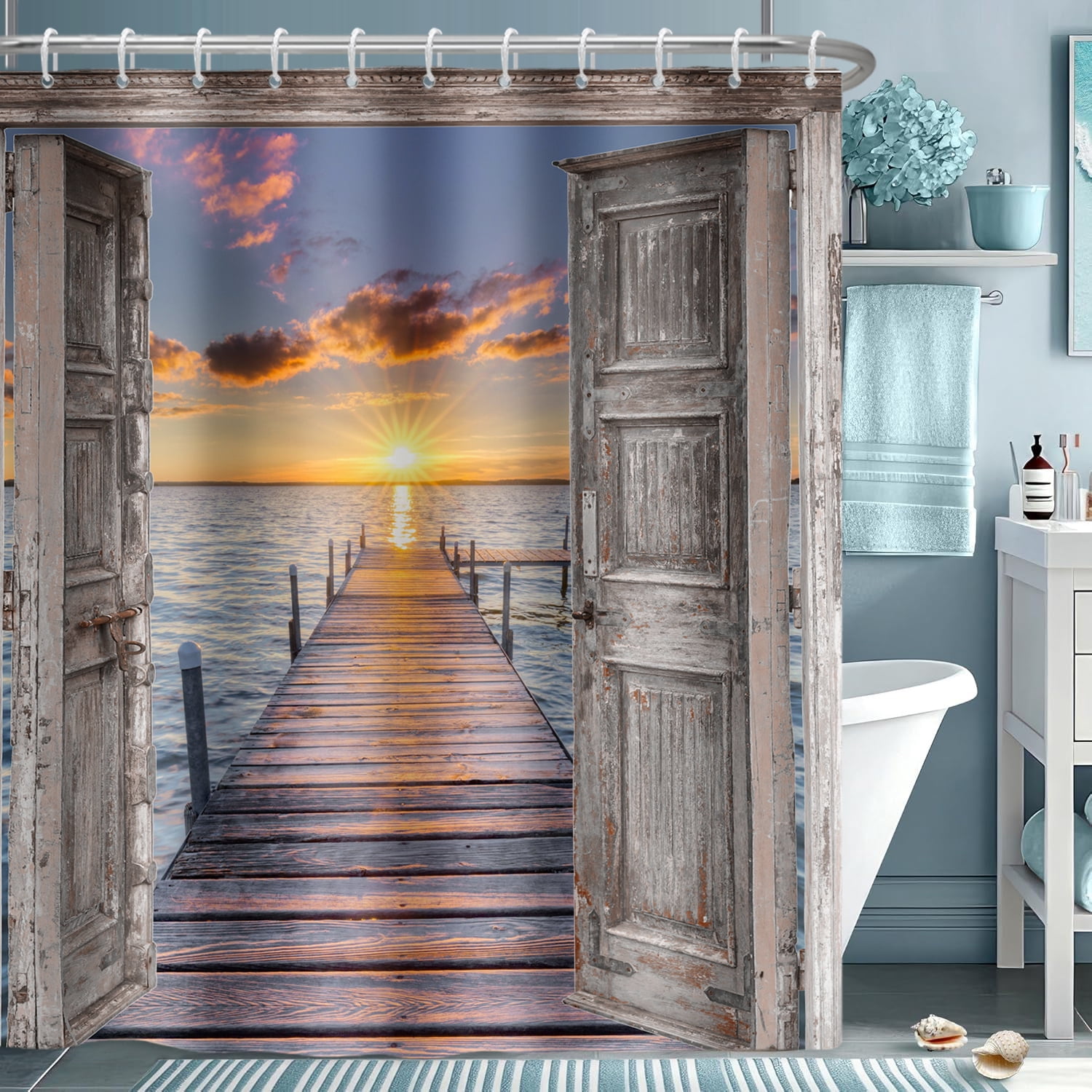 Pbobriich Beach Coastal Shower Curtain for Bathroom Summer Seaside Shower Curtain with Hooks,Wooden Grain Barn Door Design,72x78 Inches