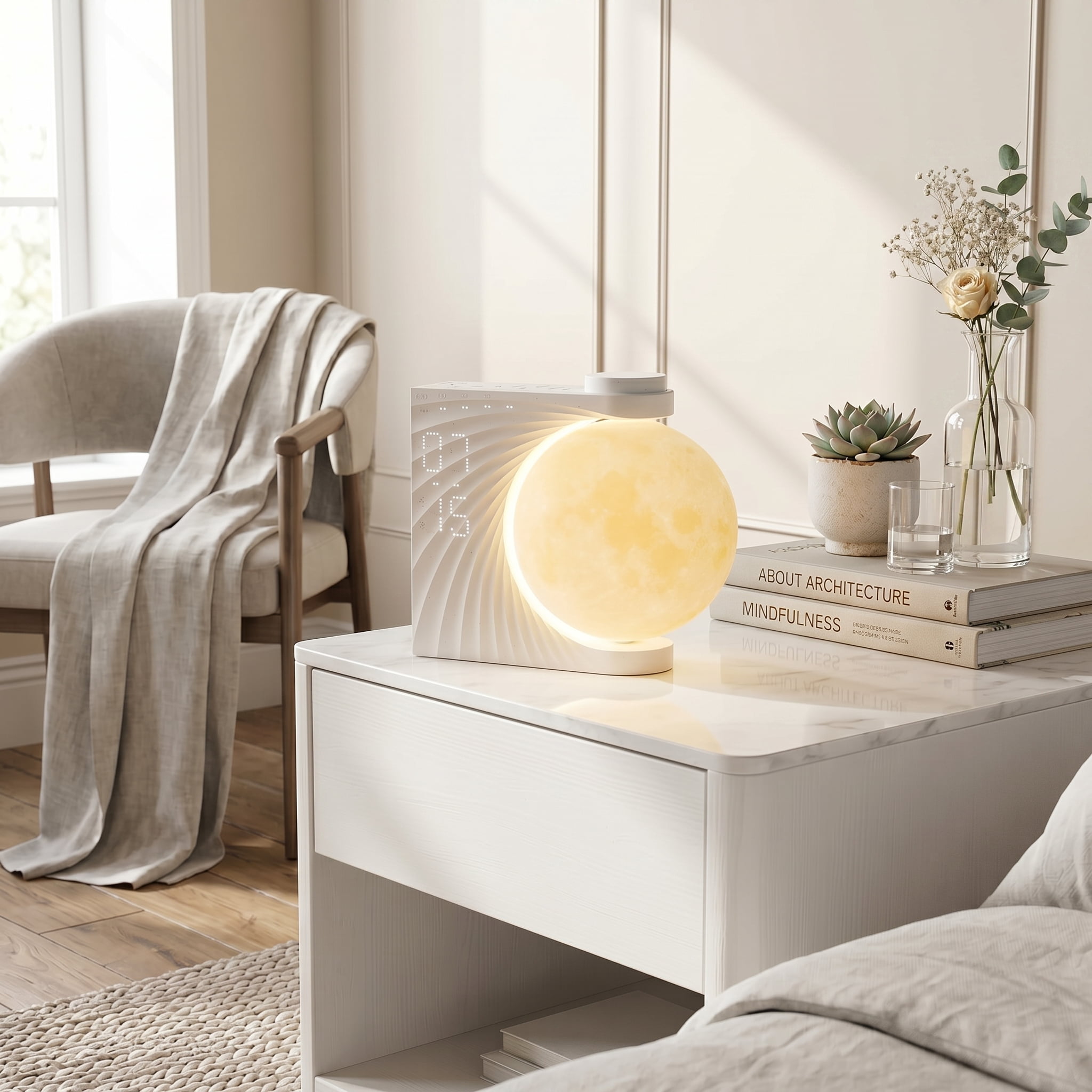 Sunrise Wake Up Light 3-in-1 Moon Dual Alarm Clock  With RGB Light & Natural Sounds