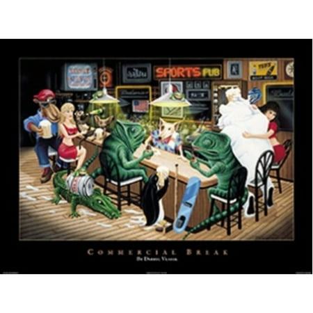 - Commercial Break by Darryl Vlasak 32x24 Art Print Poster Vintage Sports Pub Commercial Animal Characters Sitting Around Bar