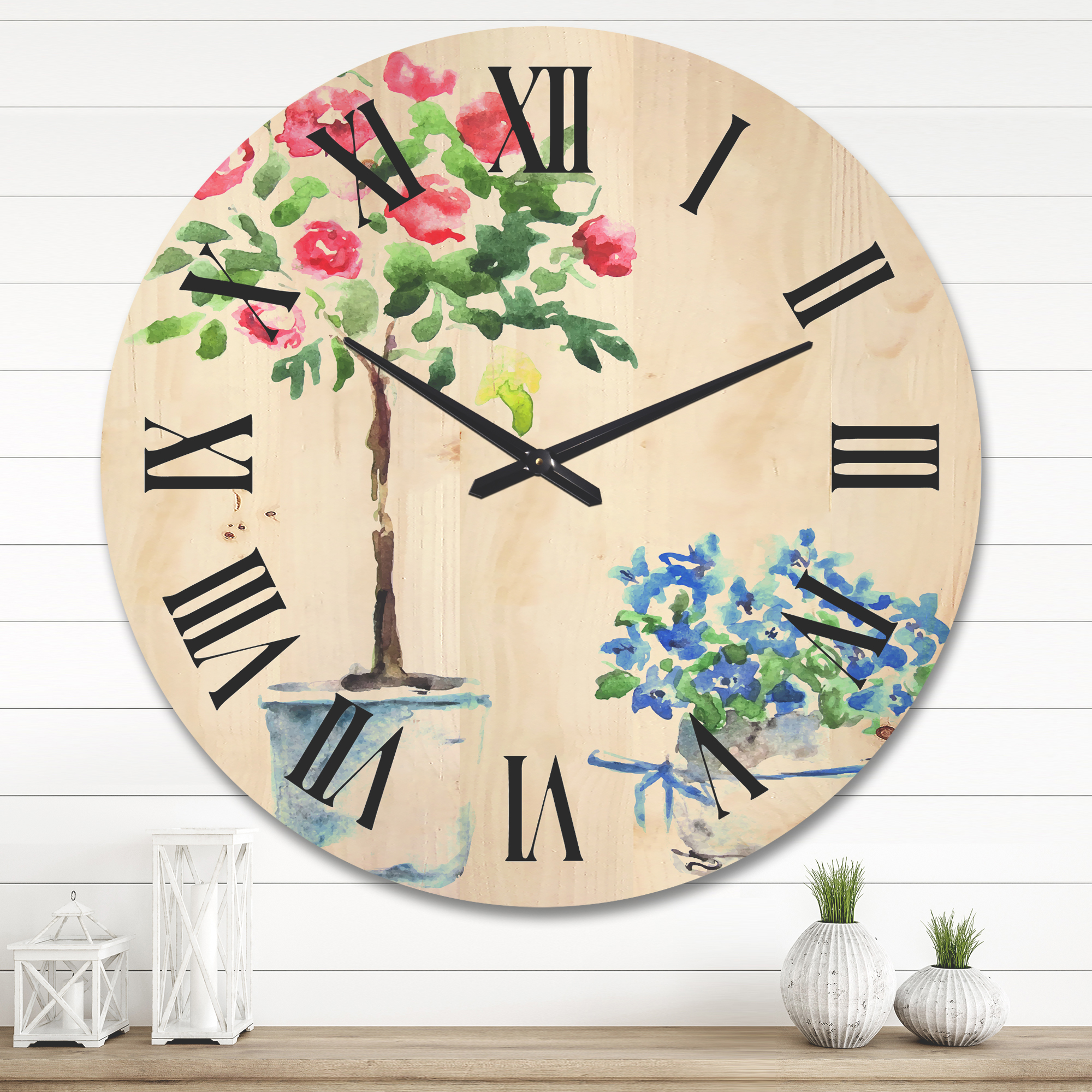 Designart 'Red and Blue Houseplants' Traditional Wood Wall Clock