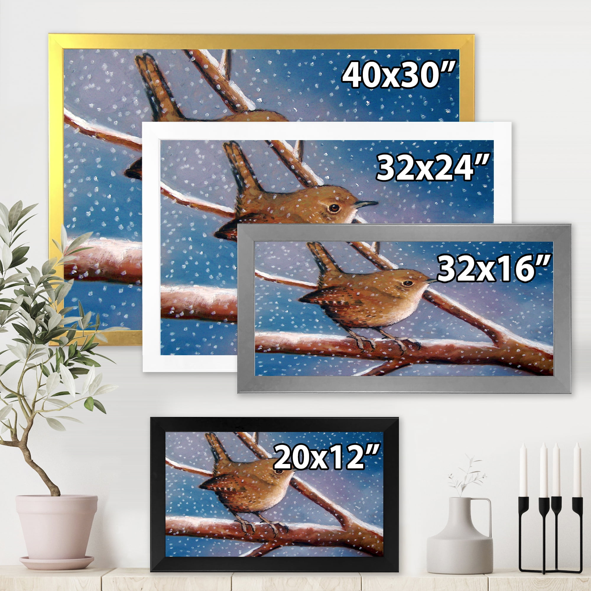 Designart 'Wren Bird On Branch In Winter' Farmhouse Framed Art Print