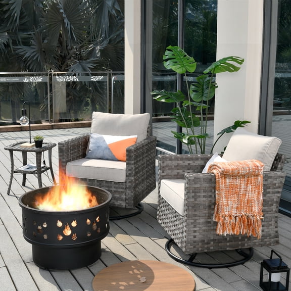 Vcatnet 4 Piece Patio Furniture Outdoor Wicker Swivel Rocking Chairs with Wood Burning Fire Pit and Side Table for Garden,Porch,Coarse Beige
