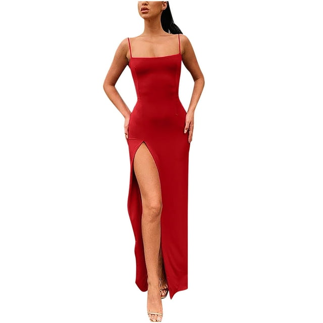 Mujeres sexy sin mangas sólido damas Slim Camis Slit vestido largo vestido Pompotops ghjkhdj1223